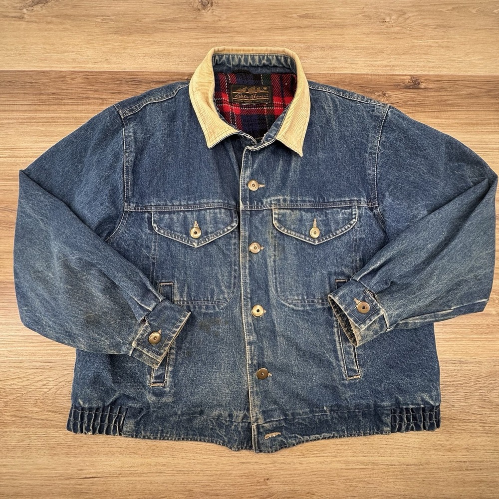 Eddie Bauer Large Flannel Lined Denim Jacket Heavy‎ Shacket Trucker